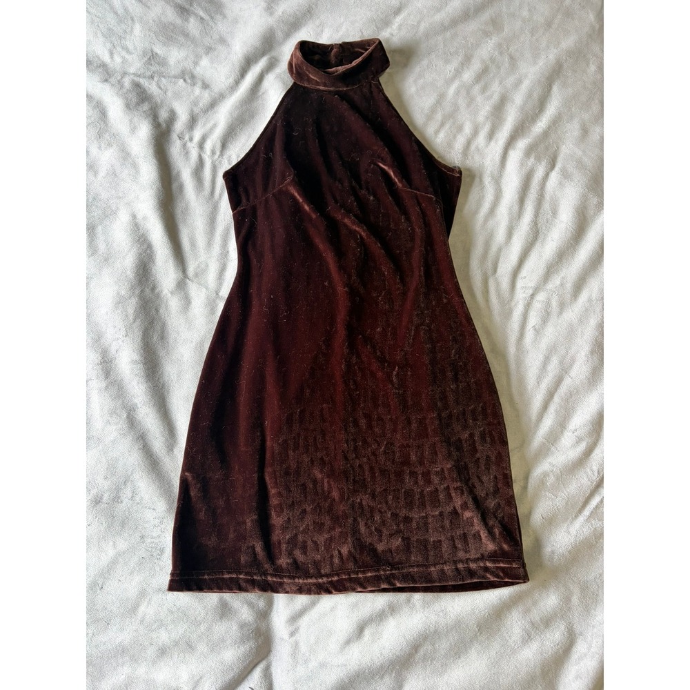 Vintage Mg Apparel Brown Velvet Mock Neck Halter Mini Dress 90s Style